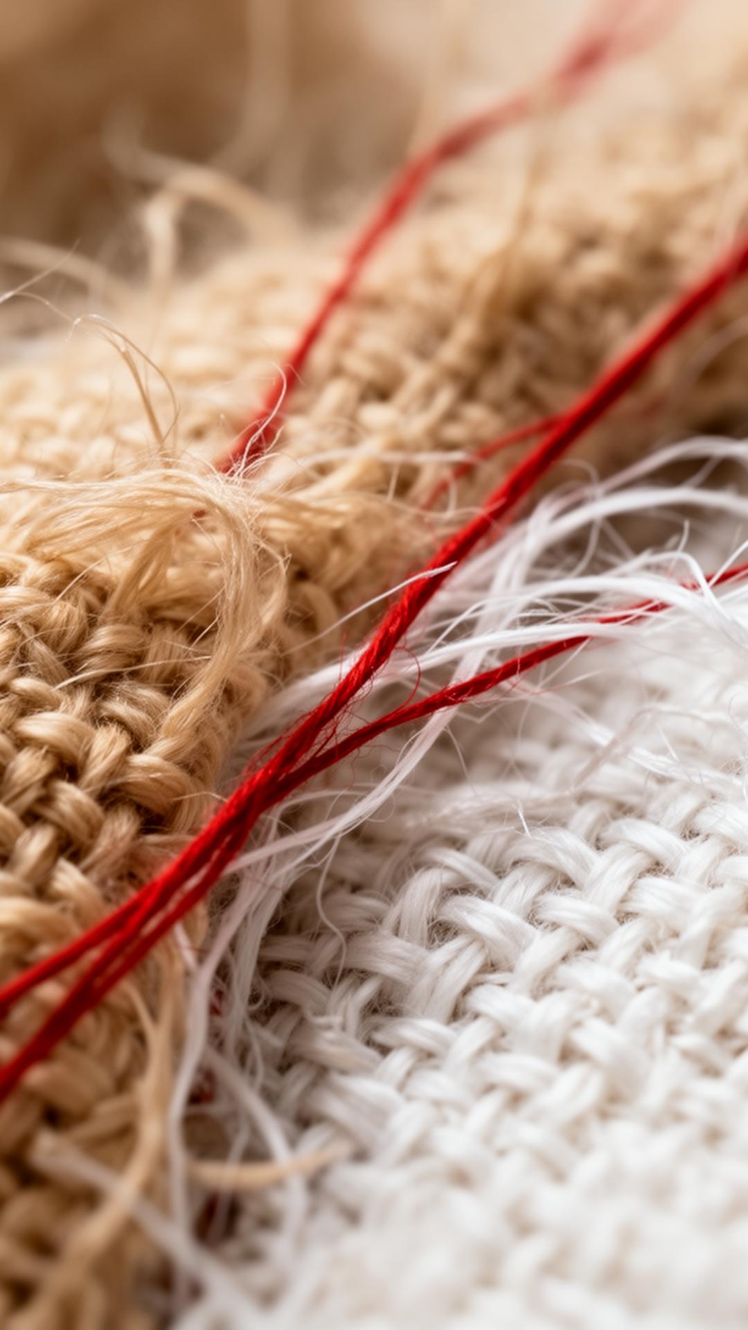 Textile fibres crossed by a red thread